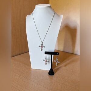 Elegant Silver Cross Necklace and Earring Set
